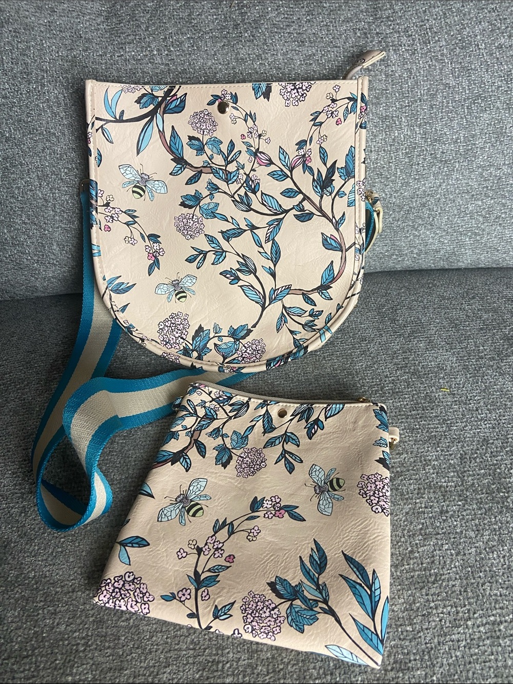 Ahdorned Cream Floral Crossbody Bag with Blue Accents and Matching Pouch